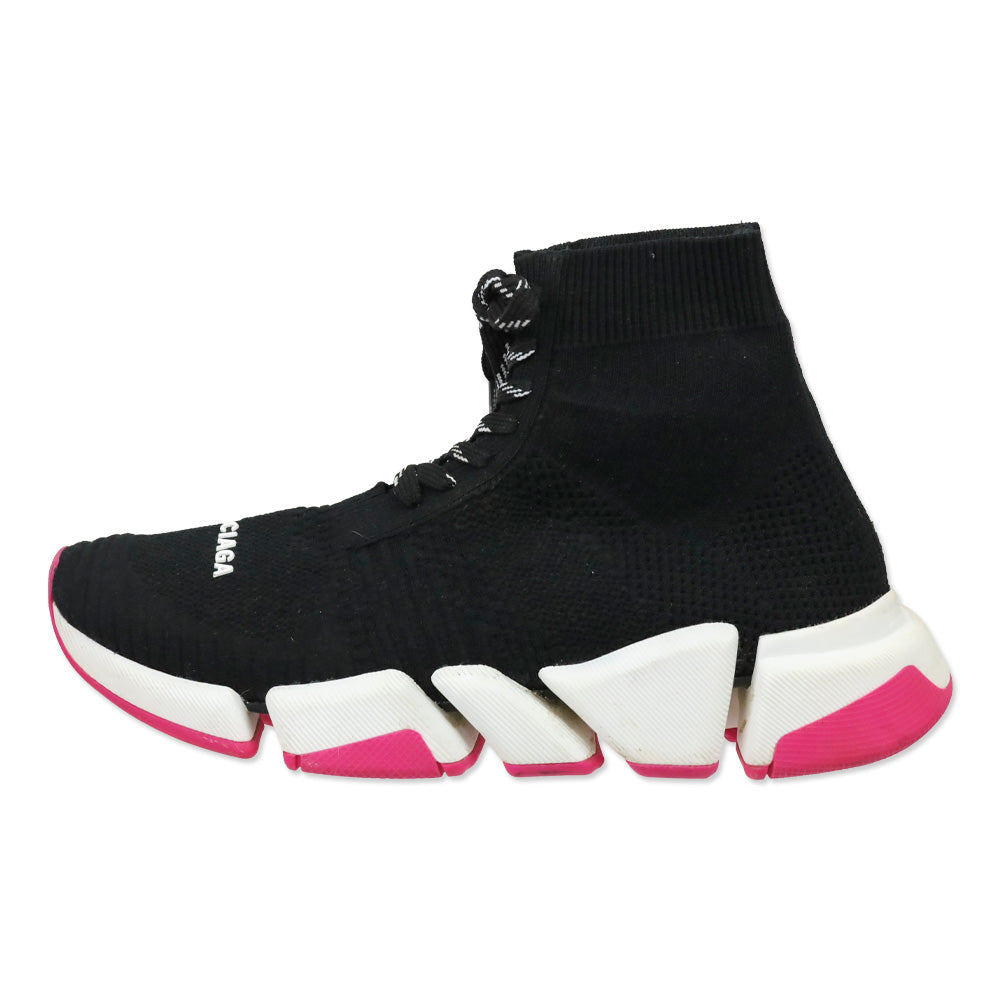 Balenciaga Black Knit White/Rose Bicolor Sole Speed 2.0 Lace Up Sneakers
