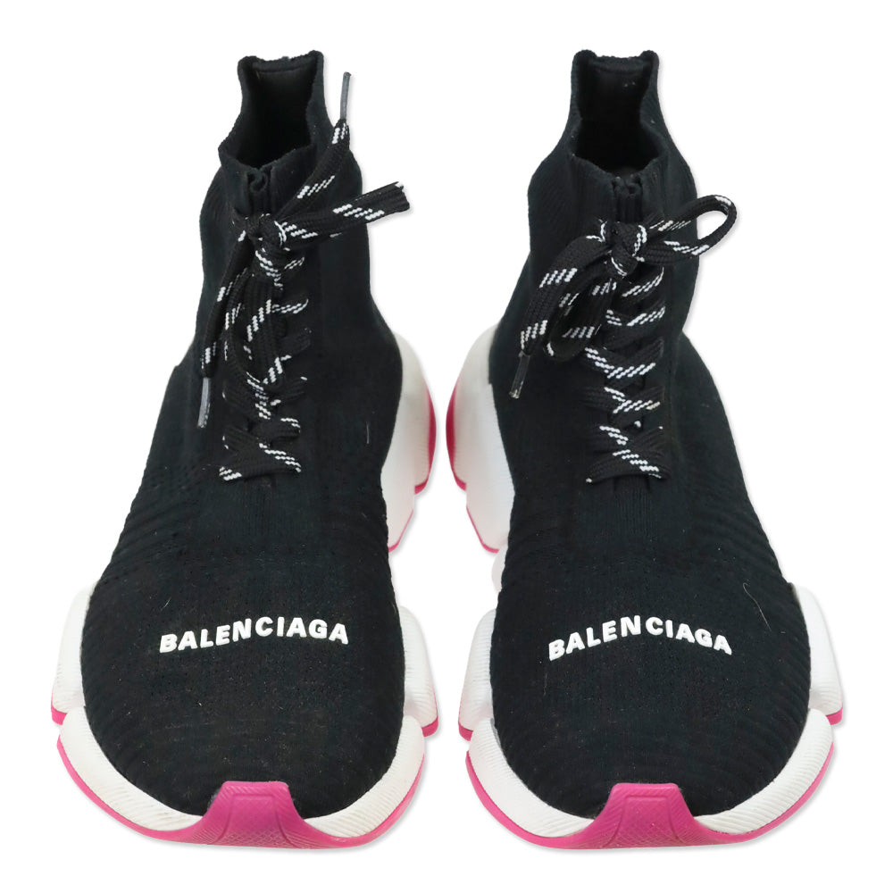 Balenciaga Black Knit White/Rose Bicolor Sole Speed 2.0 Lace Up Sneakers
