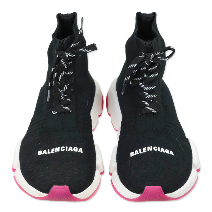 Balenciaga Black Knit White/Rose Bicolor Sole Speed 2.0 Lace Up Sneakers