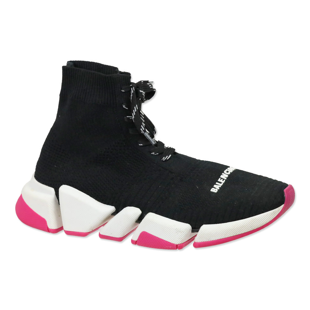 Balenciaga Black Knit White/Rose Bicolor Sole Speed 2.0 Lace Up Sneakers