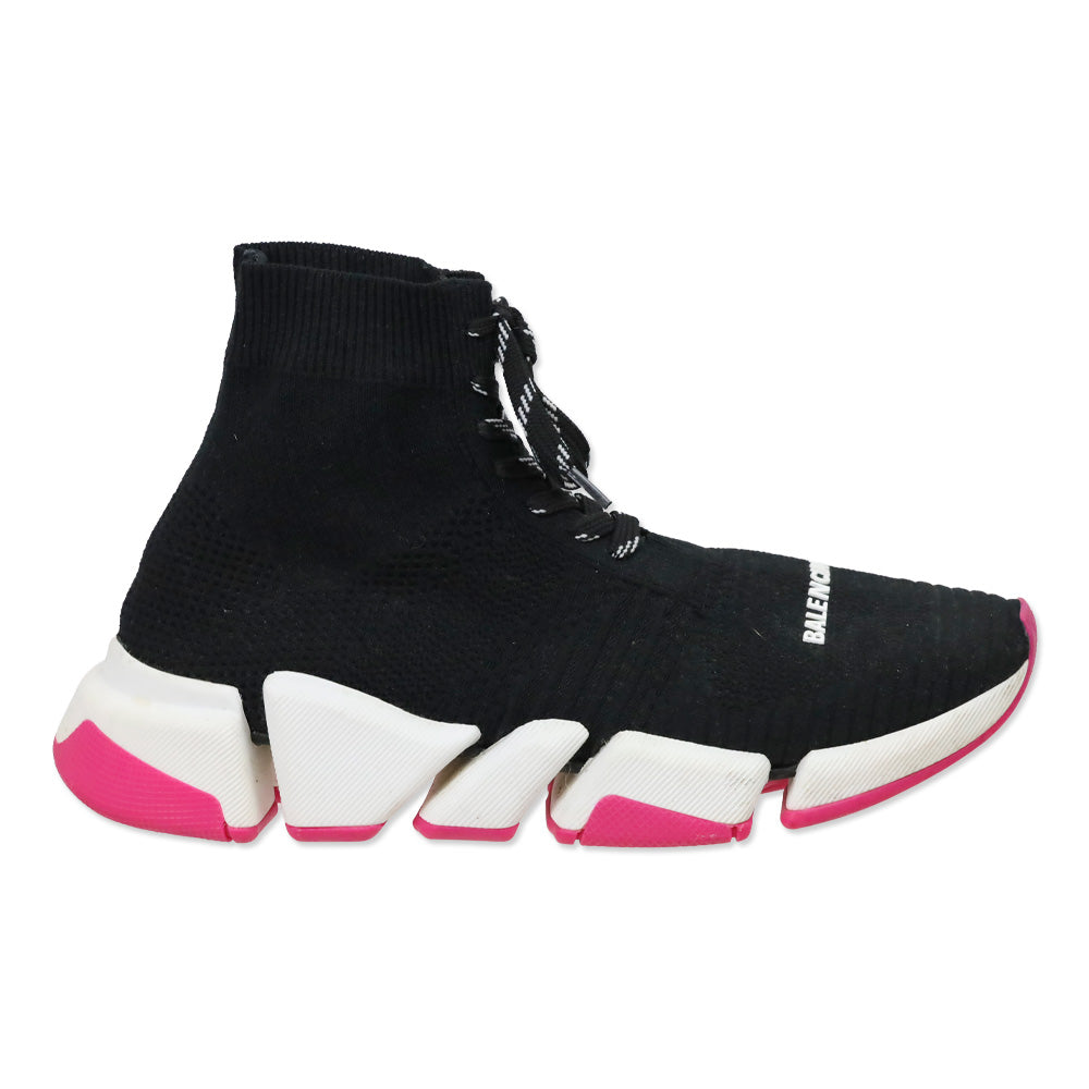 Balenciaga Black Knit White/Rose Bicolor Sole Speed 2.0 Lace Up Sneakers