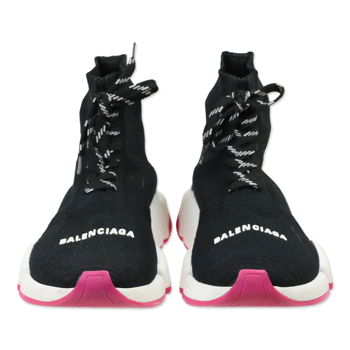 Balenciaga Black Knit White/Rose Bicolor Sole Speed 2.0 Lace Up Sneakers