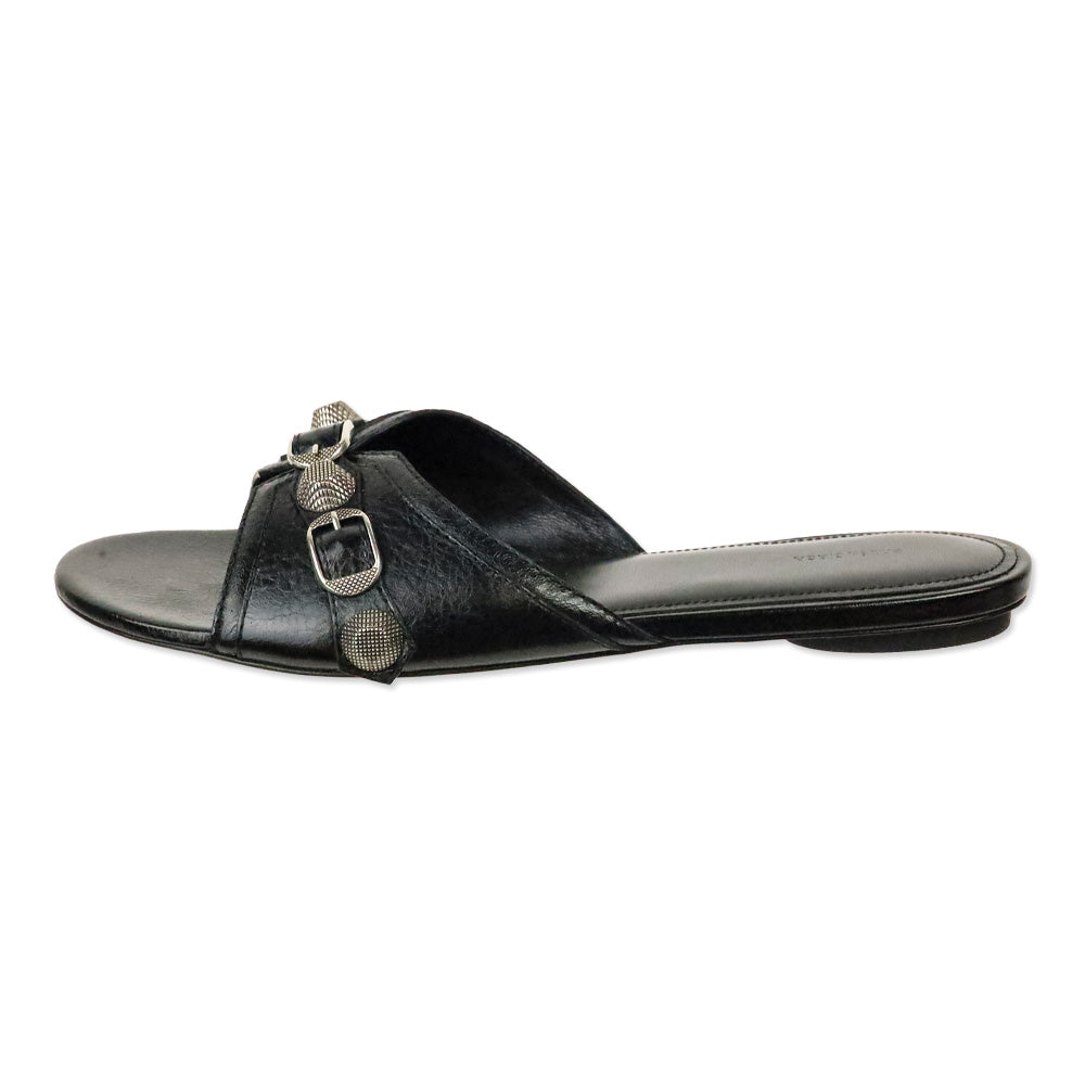 Balenciaga Black Leather/Aged Nikel Arena Studded Cagole Sandal Flat