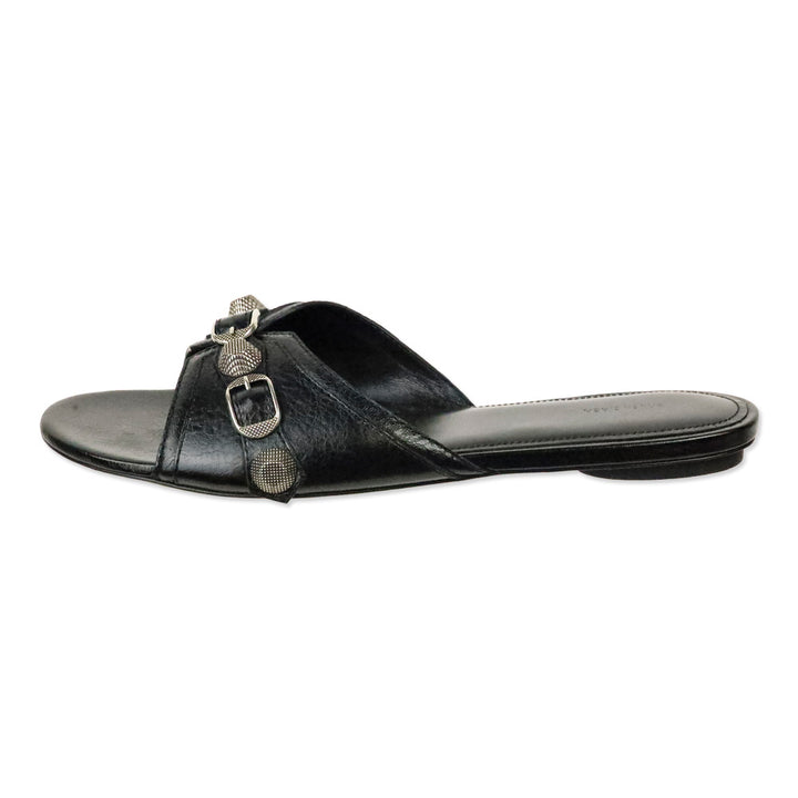 Balenciaga Black Leather/Aged Nikel Arena Studded Cagole Sandal Flat