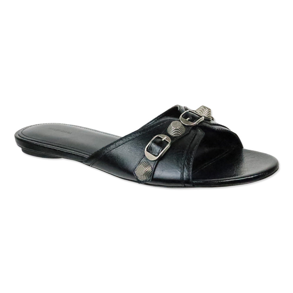 Balenciaga Black Leather/Aged Nikel Arena Studded Cagole Sandal Flat