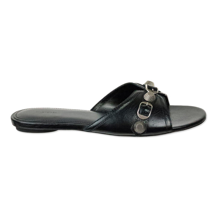 Balenciaga Black Leather/Aged Nikel Arena Studded Cagole Sandal Flat