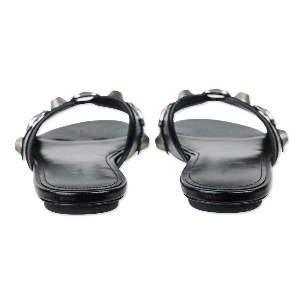 Balenciaga Black Leather/Aged Nikel Arena Studded Cagole Sandal Flat