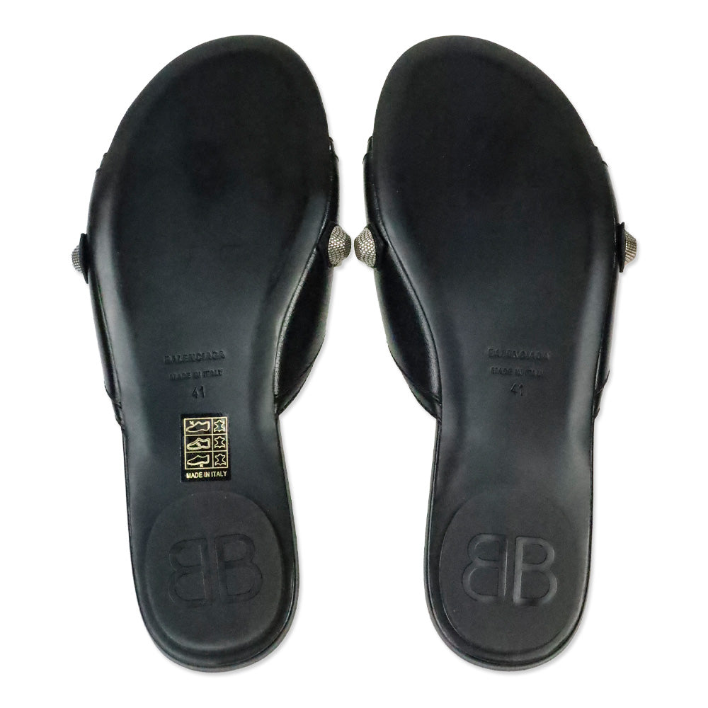 Balenciaga Black Leather/Aged Nikel Arena Studded Cagole Sandal Flat