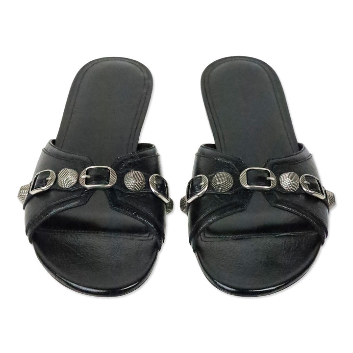 Balenciaga Black Leather/Aged Nikel Arena Studded Cagole Sandal Flat
