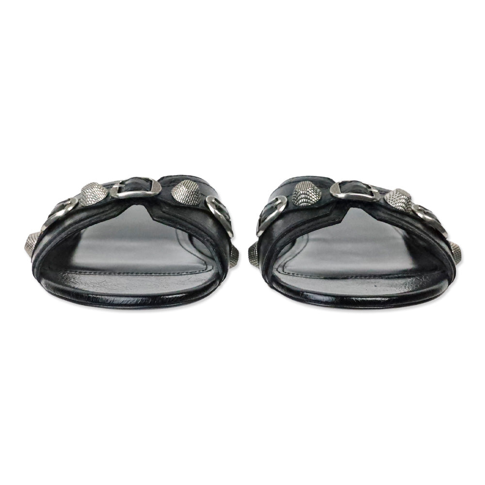 Balenciaga Black Leather/Aged Nikel Arena Studded Cagole Sandal Flat
