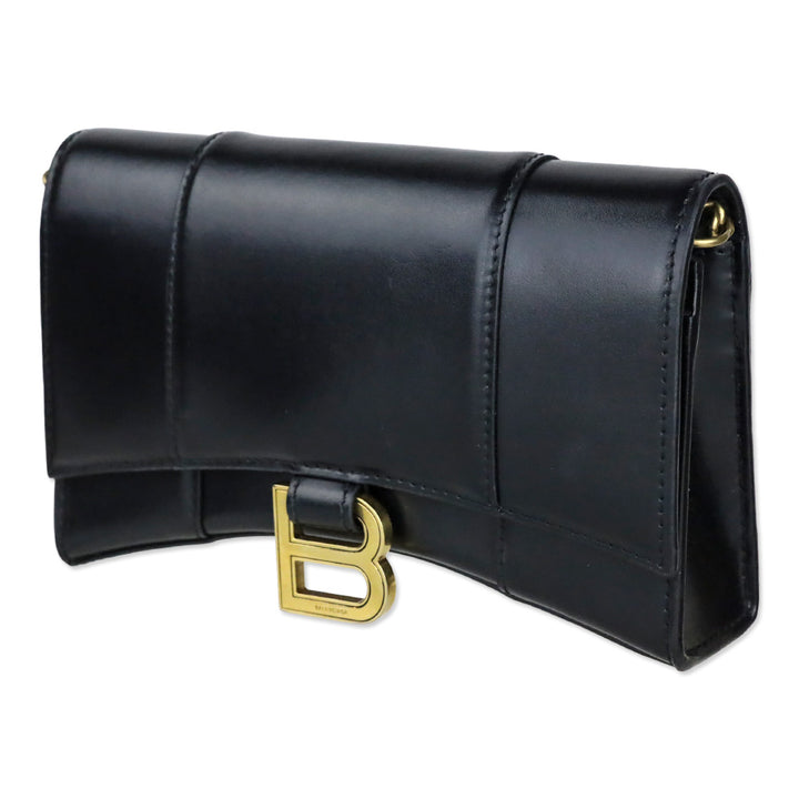 Balenciaga Black Shiny Box Calfskin Hourglass Leather Wallet on Chain