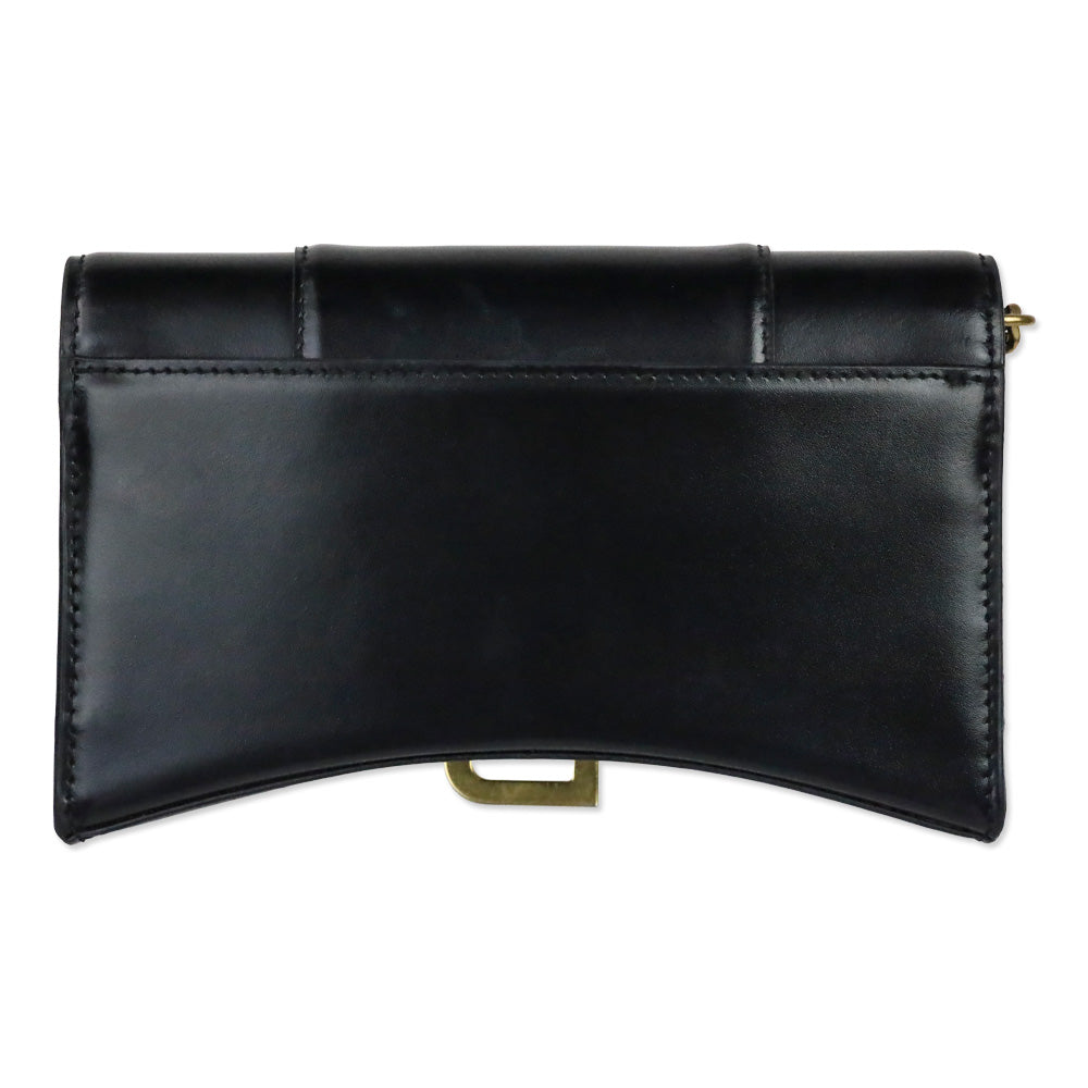 Balenciaga Black Shiny Box Calfskin Hourglass Leather Wallet on Chain