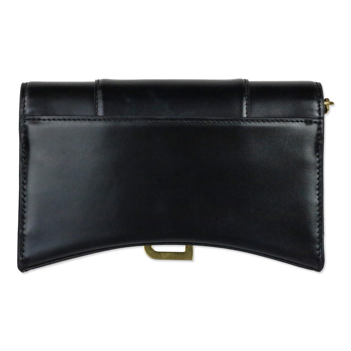 Balenciaga Black Shiny Box Calfskin Hourglass Leather Wallet on Chain