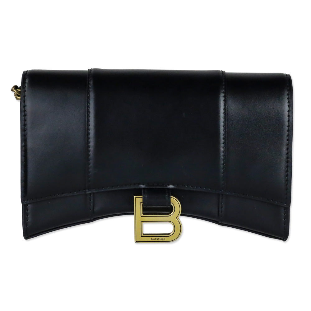 Balenciaga Black Shiny Box Calfskin Hourglass Leather Wallet on Chain