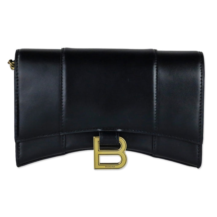 Balenciaga Black Shiny Box Calfskin Hourglass Leather Wallet on Chain