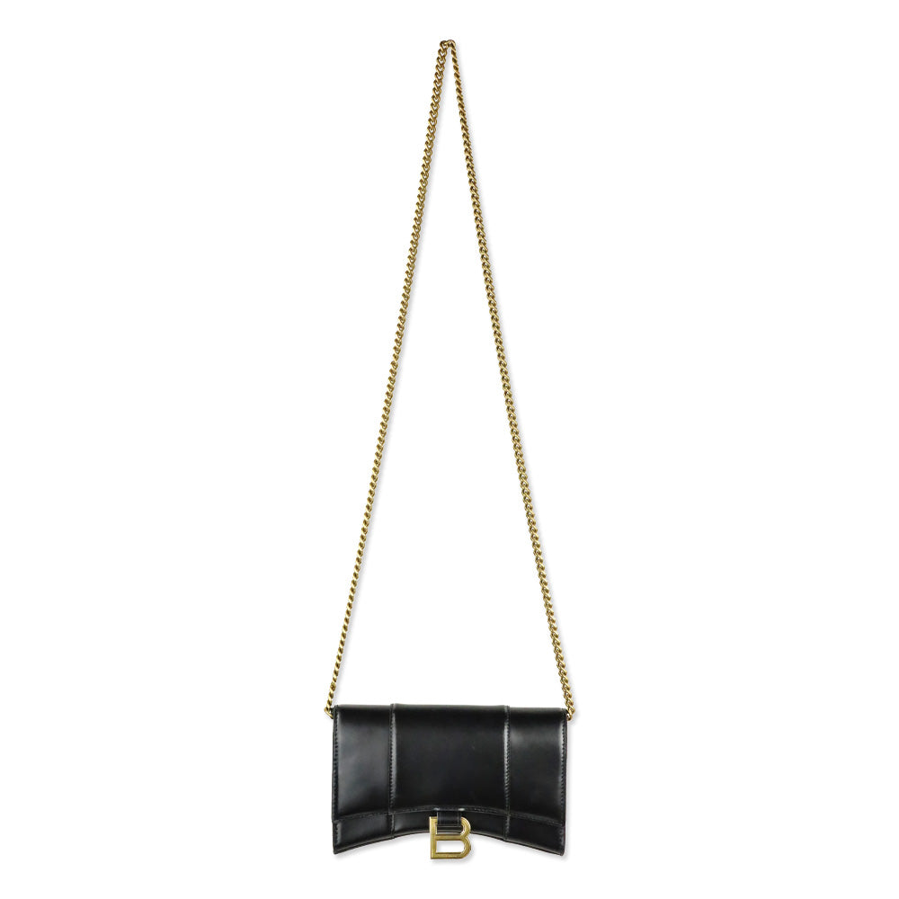 Balenciaga Black Shiny Box Calfskin Hourglass Leather Wallet on Chain