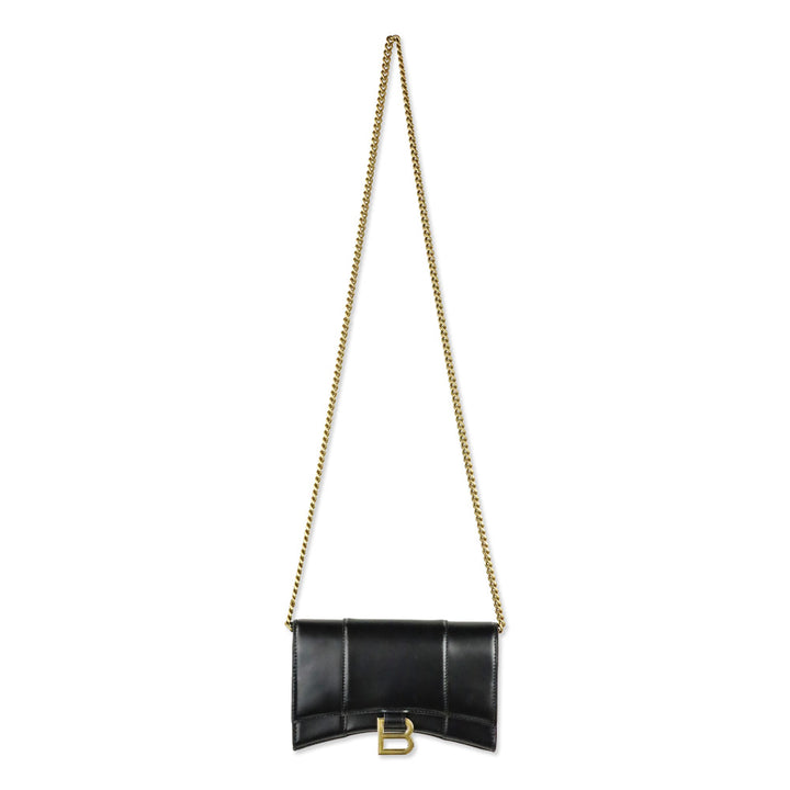 Balenciaga Black Shiny Box Calfskin Hourglass Leather Wallet on Chain