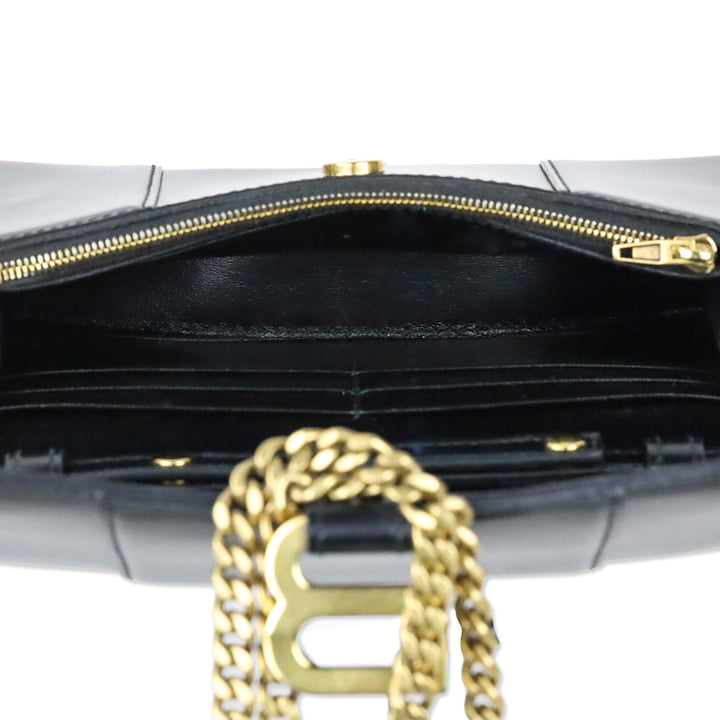 Balenciaga Black Shiny Box Calfskin Hourglass Leather Wallet on Chain