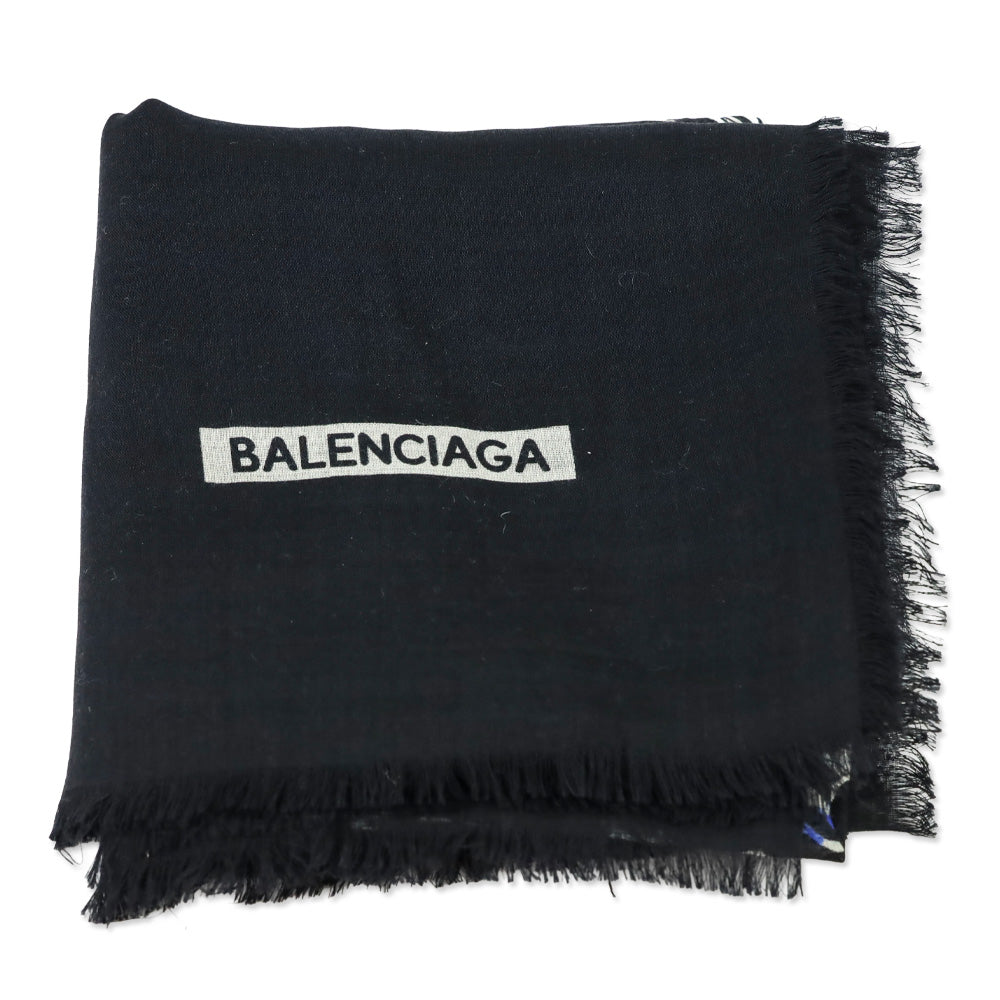 Balenciaga Black/Blue Floral Print Silk/Wool Micro Fringe Scarf