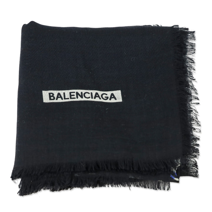 Balenciaga Black/Blue Floral Print Silk/Wool Micro Fringe Scarf