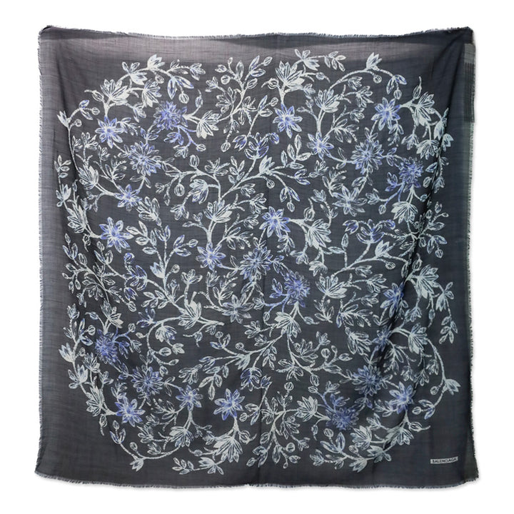 Balenciaga Black/Blue Floral Print Silk/Wool Micro Fringe Scarf