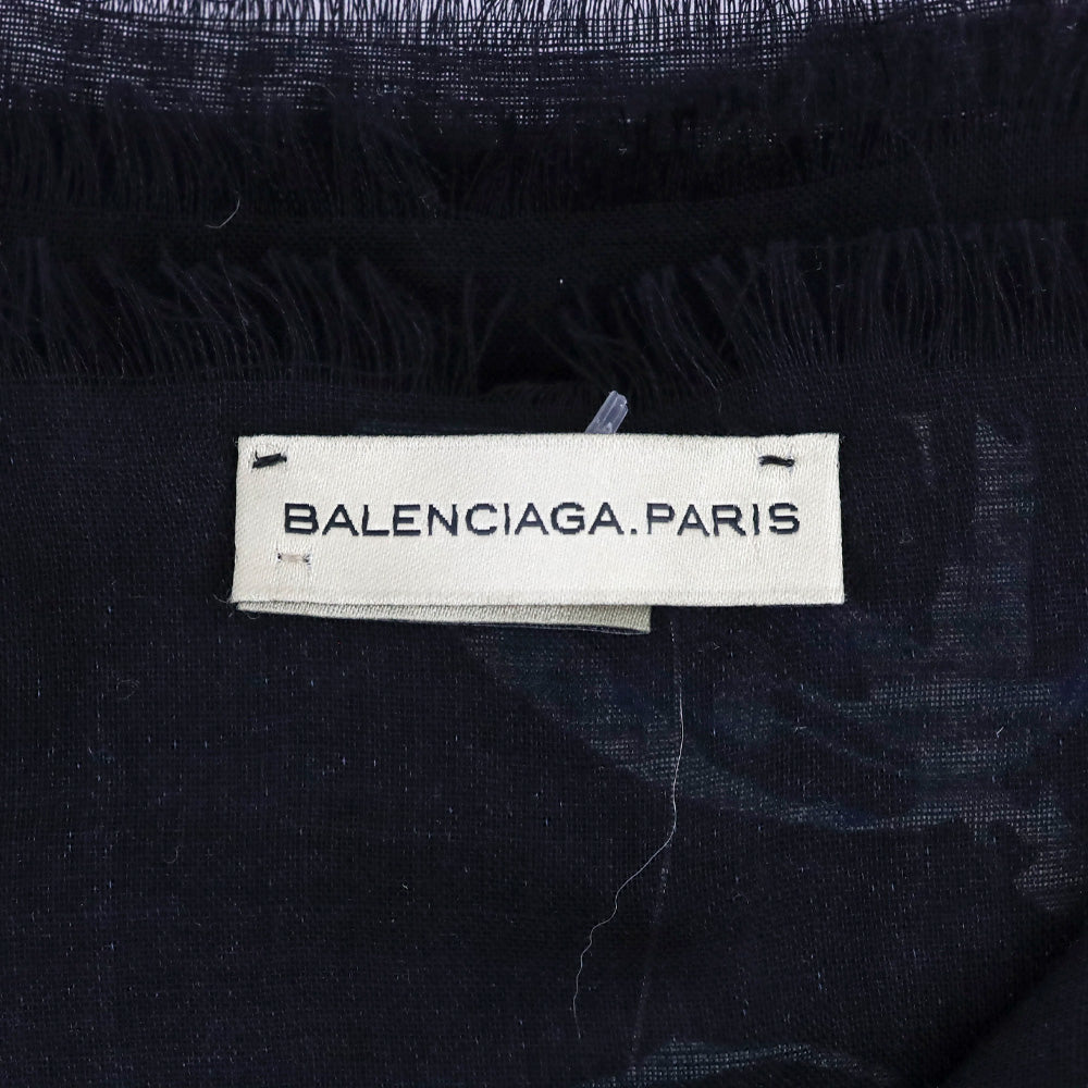 Balenciaga Black/Blue Floral Print Silk/Wool Micro Fringe Scarf