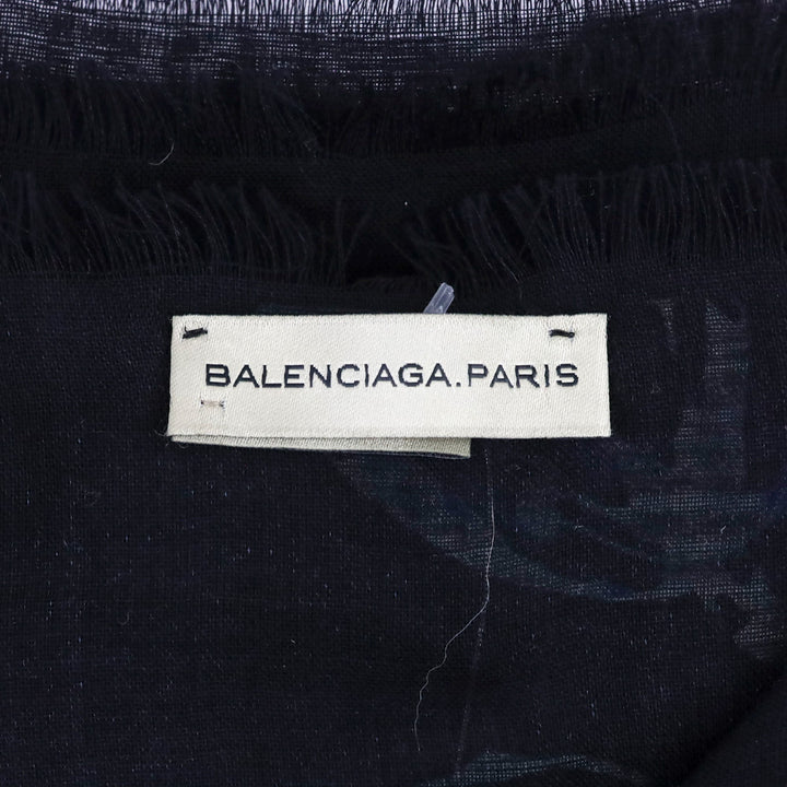 Balenciaga Black/Blue Floral Print Silk/Wool Micro Fringe Scarf