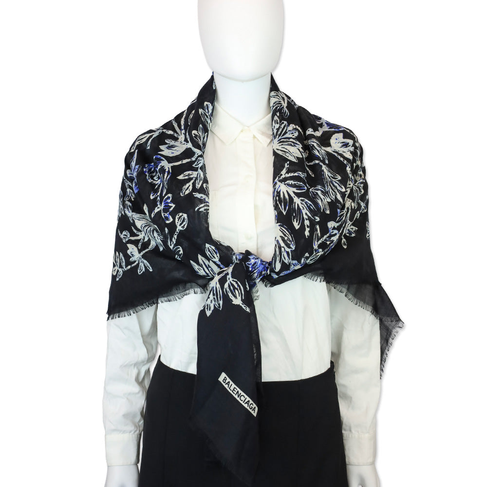 Balenciaga Black/Blue Floral Print Silk/Wool Micro Fringe Scarf