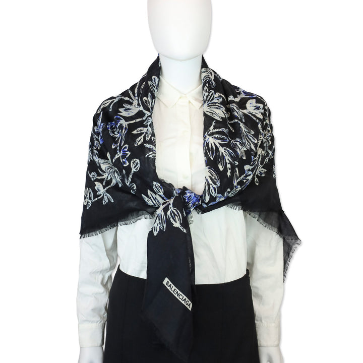 Balenciaga Black/Blue Floral Print Silk/Wool Micro Fringe Scarf