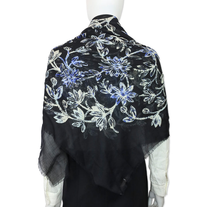 Balenciaga Black/Blue Floral Print Silk/Wool Micro Fringe Scarf