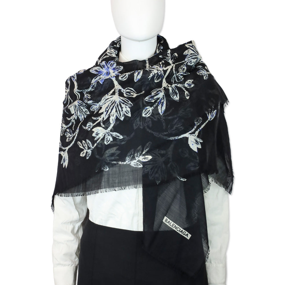 Balenciaga Black/Blue Floral Print Silk/Wool Micro Fringe Scarf