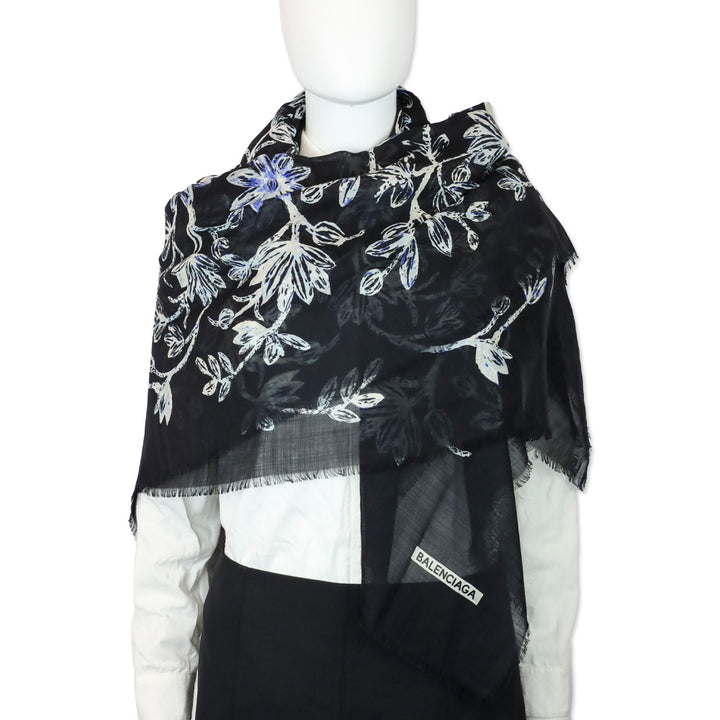 Balenciaga Black/Blue Floral Print Silk/Wool Micro Fringe Scarf