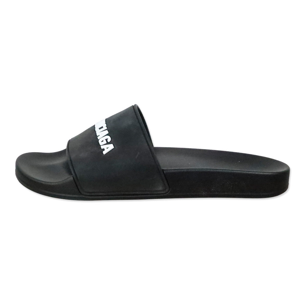 Balenciaga Black/White Smooth Rubber Logo Pool Slide Sandals