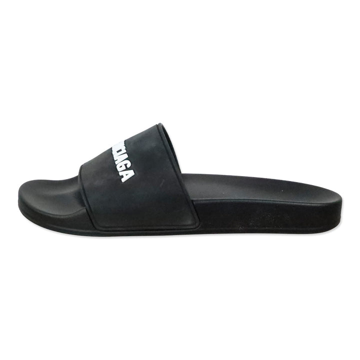 Balenciaga Black/White Smooth Rubber Logo Pool Slide Sandals