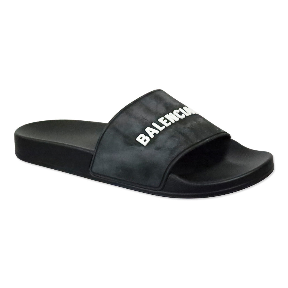 Balenciaga Black/White Smooth Rubber Logo Pool Slide Sandals