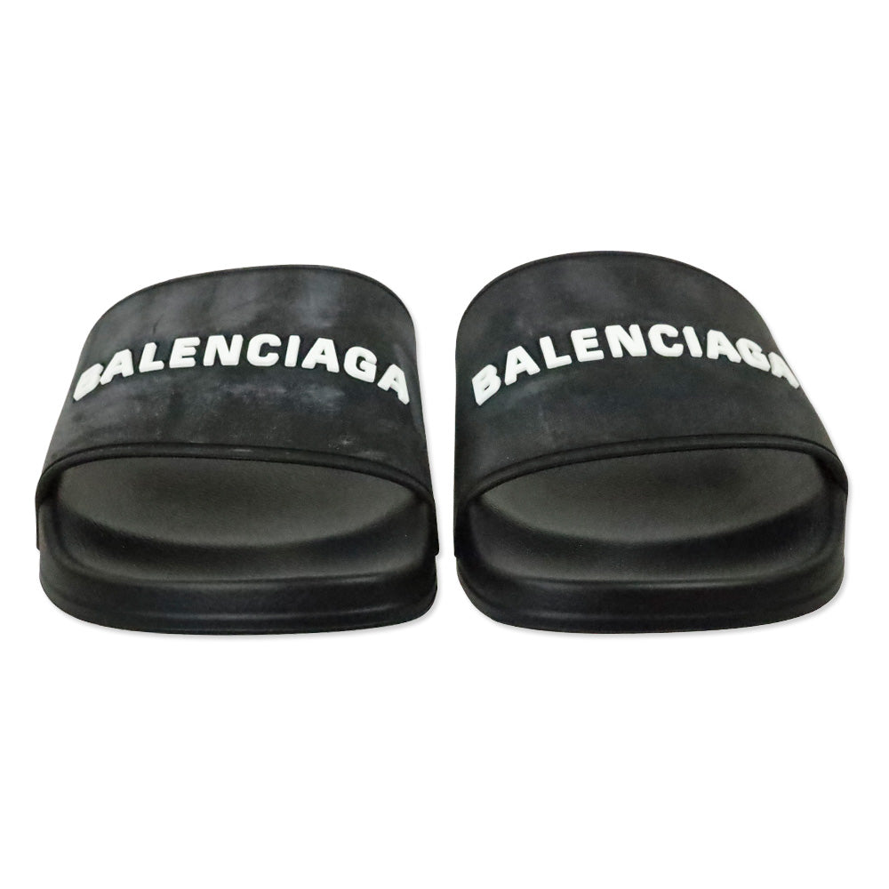 Balenciaga Black/White Smooth Rubber Logo Pool Slide Sandals