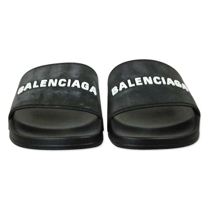 Balenciaga Black/White Smooth Rubber Logo Pool Slide Sandals