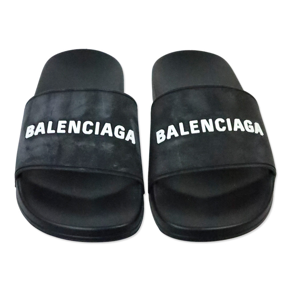 Balenciaga Black/White Smooth Rubber Logo Pool Slide Sandals