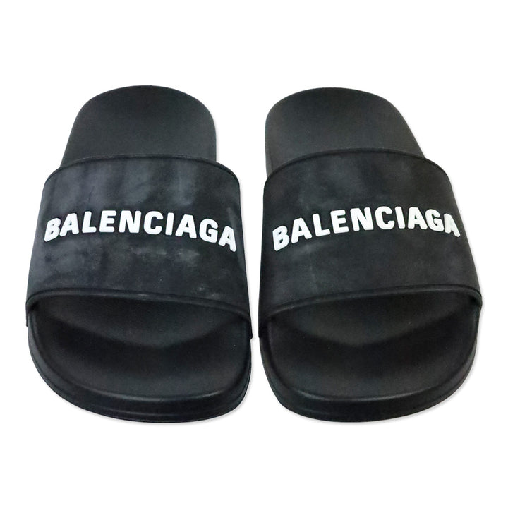 Balenciaga Black/White Smooth Rubber Logo Pool Slide Sandals