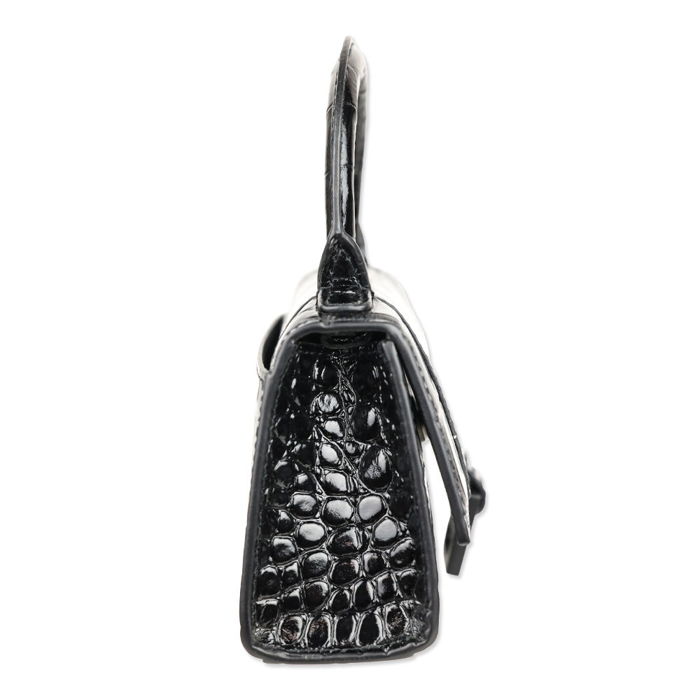 Balenciaga Hourglass Black Crocodile Embossed Leather Mini Top Handle Bag