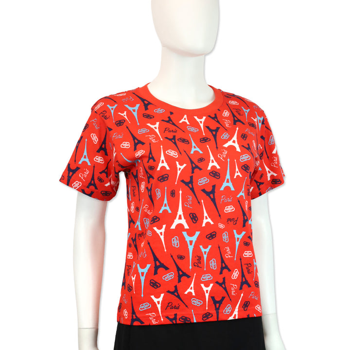 Balenciaga Red Cotton Allover Paris Logo T-Shirt
