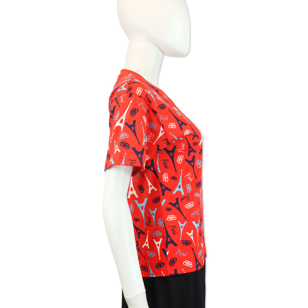 Balenciaga Red Cotton Allover Paris Logo T-Shirt