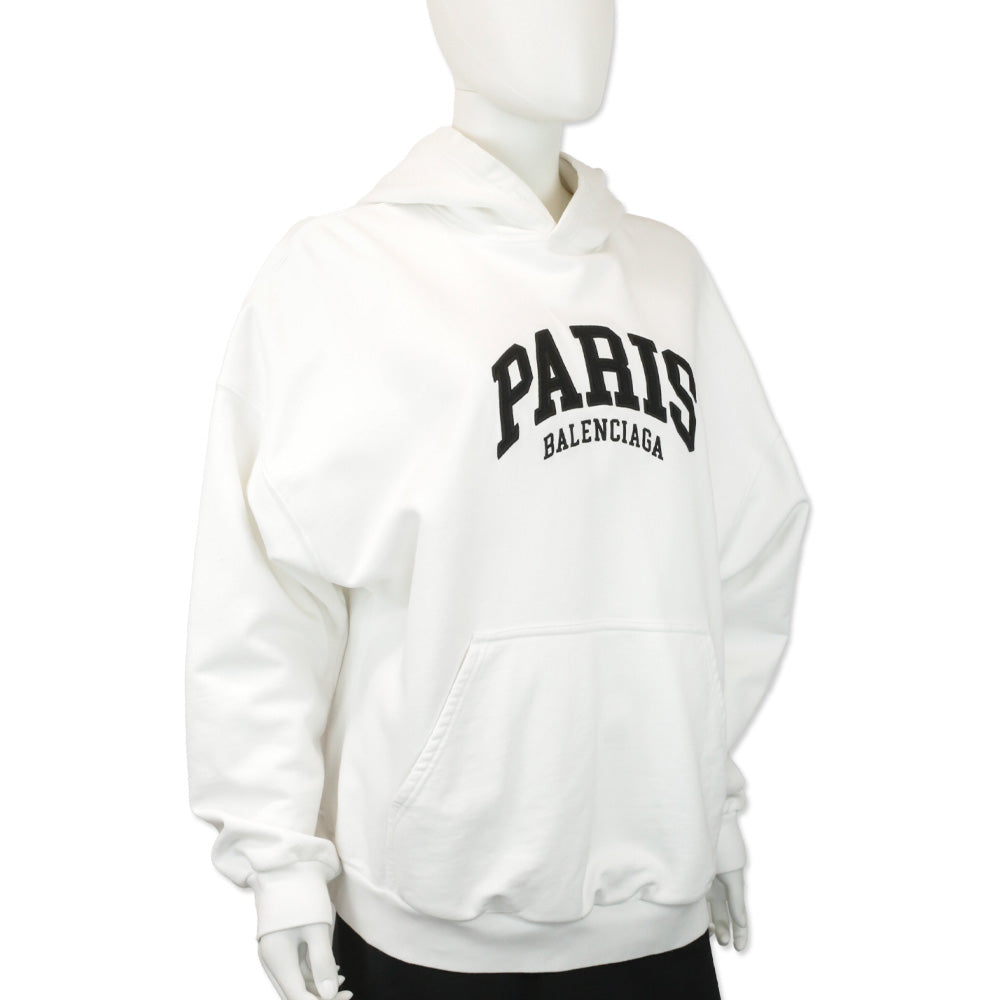 Balenciaga White Cotton Paris Balenciaga Embroidered Logo Hoodie