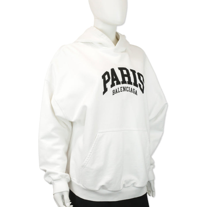 Balenciaga White Cotton Paris Balenciaga Embroidered Logo Hoodie