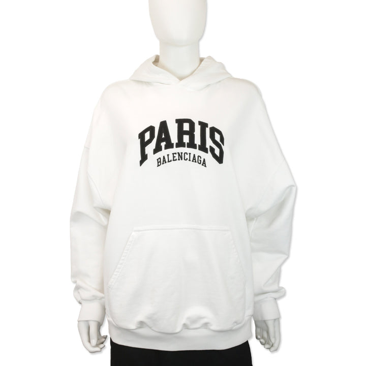 Balenciaga White Cotton Paris Balenciaga Embroidered Logo Hoodie