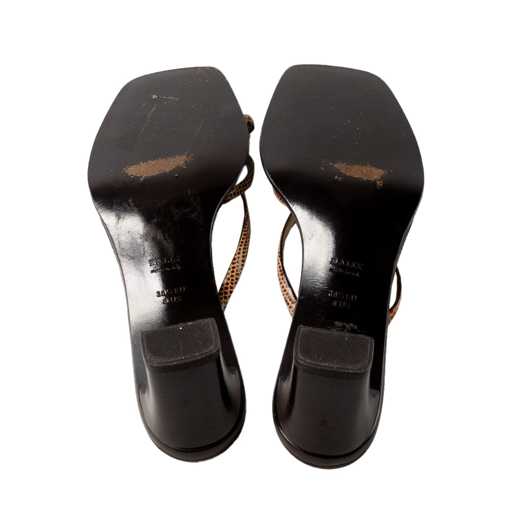 Bally Embossed Brown Leather Strappy Slide Heels