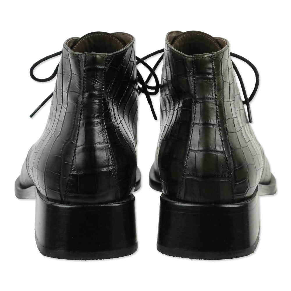 Bally Farell Green Croc-Embossed Leather Square Derby Boots