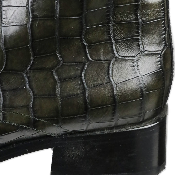 Bally Farell Green Croc-Embossed Leather Square Derby Boots