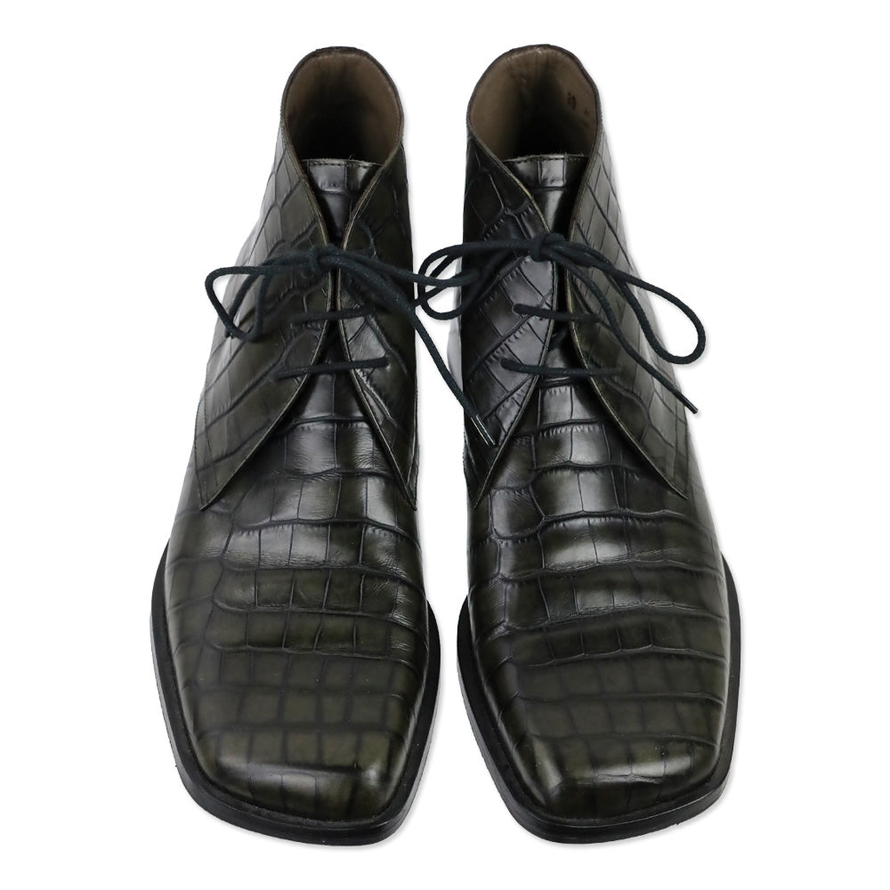 Bally Farell Green Croc-Embossed Leather Square Derby Boots