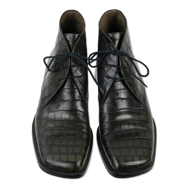 Bally Farell Green Croc-Embossed Leather Square Derby Boots